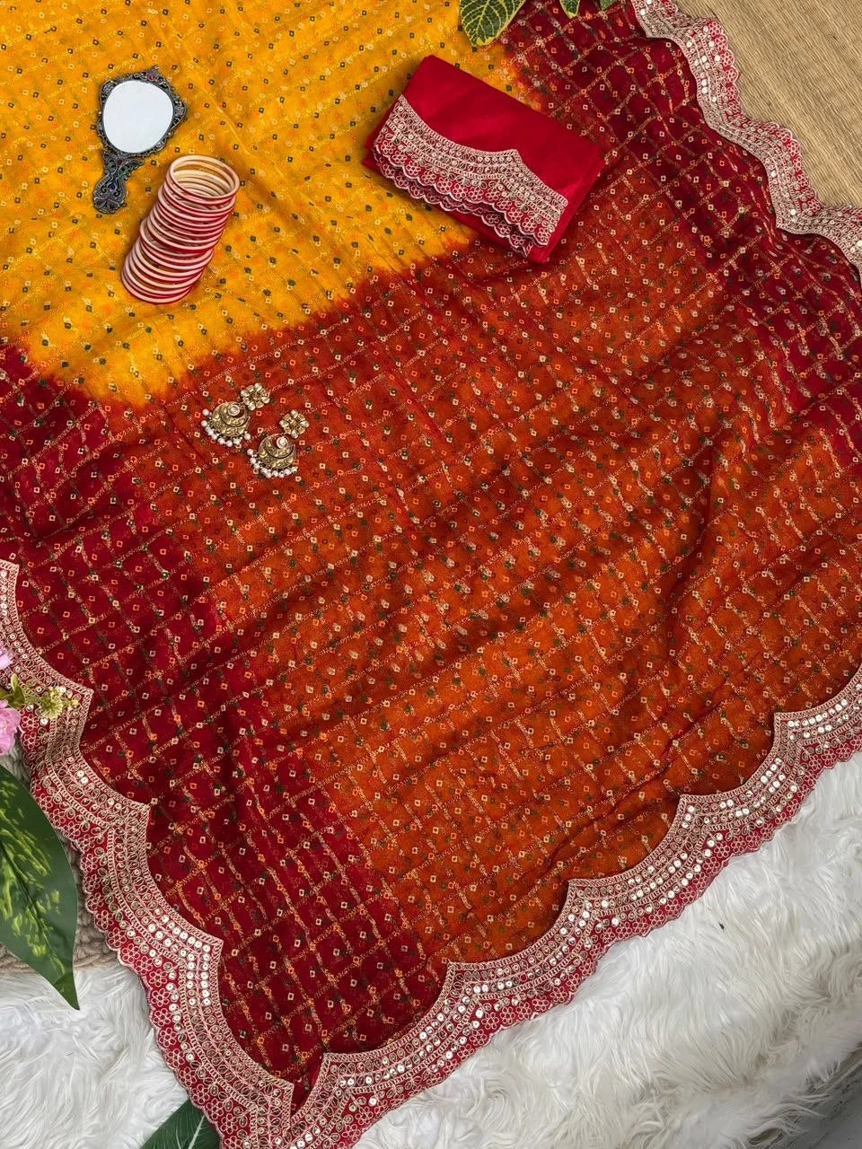 Yellow Printed Butti Saree with Blouse Piece – Bandhani Style KS402
