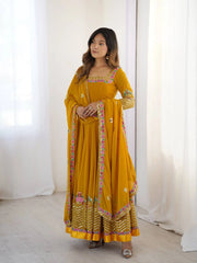 Yellow Anarkali Suit sleeve moti detail close up KU264