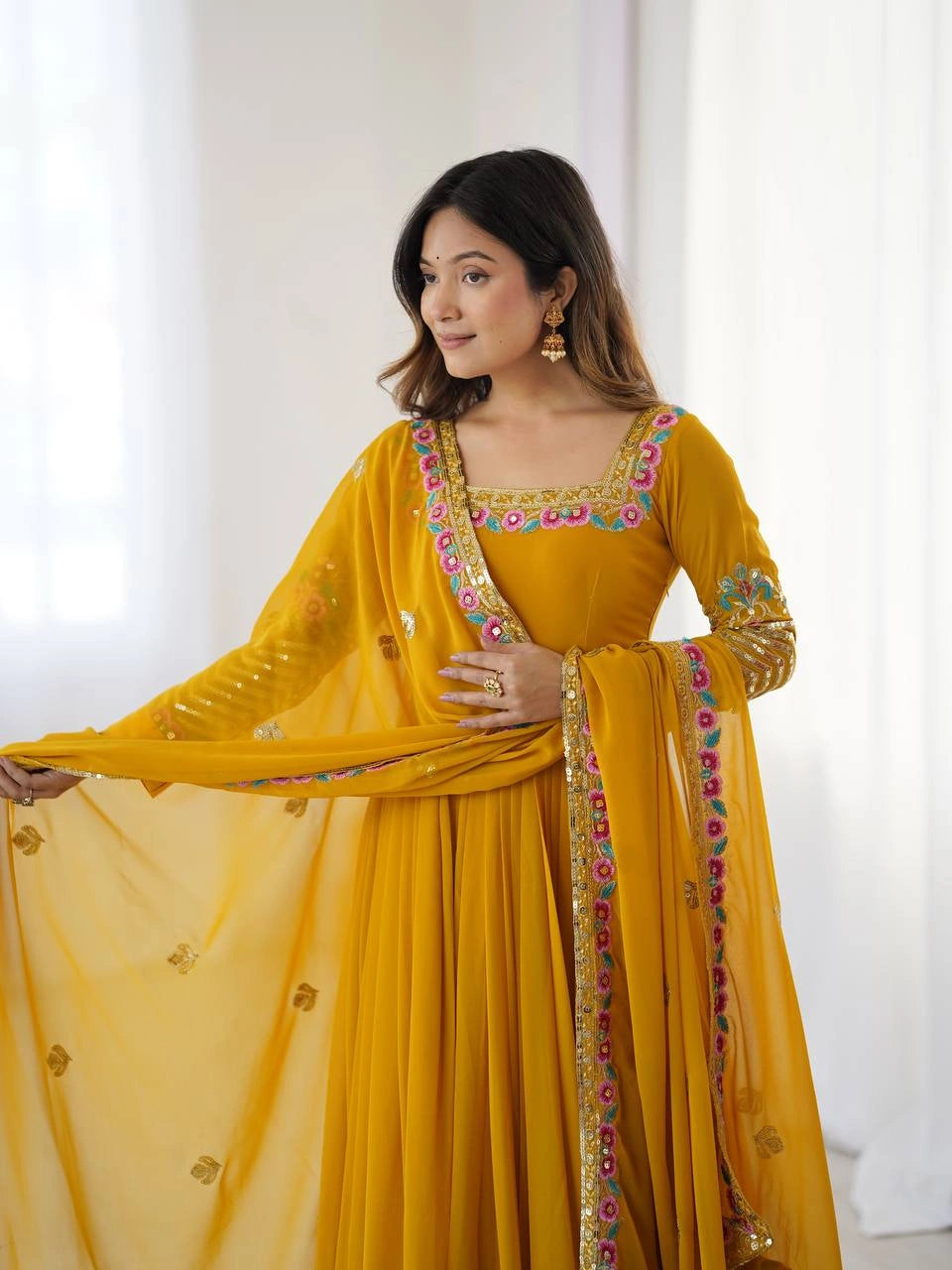 Yellow Anarkali back view open dori tie-up close KU264