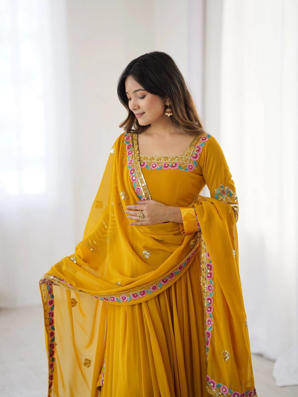 Yellow Anarkali Suit flatlay complete set display KU264