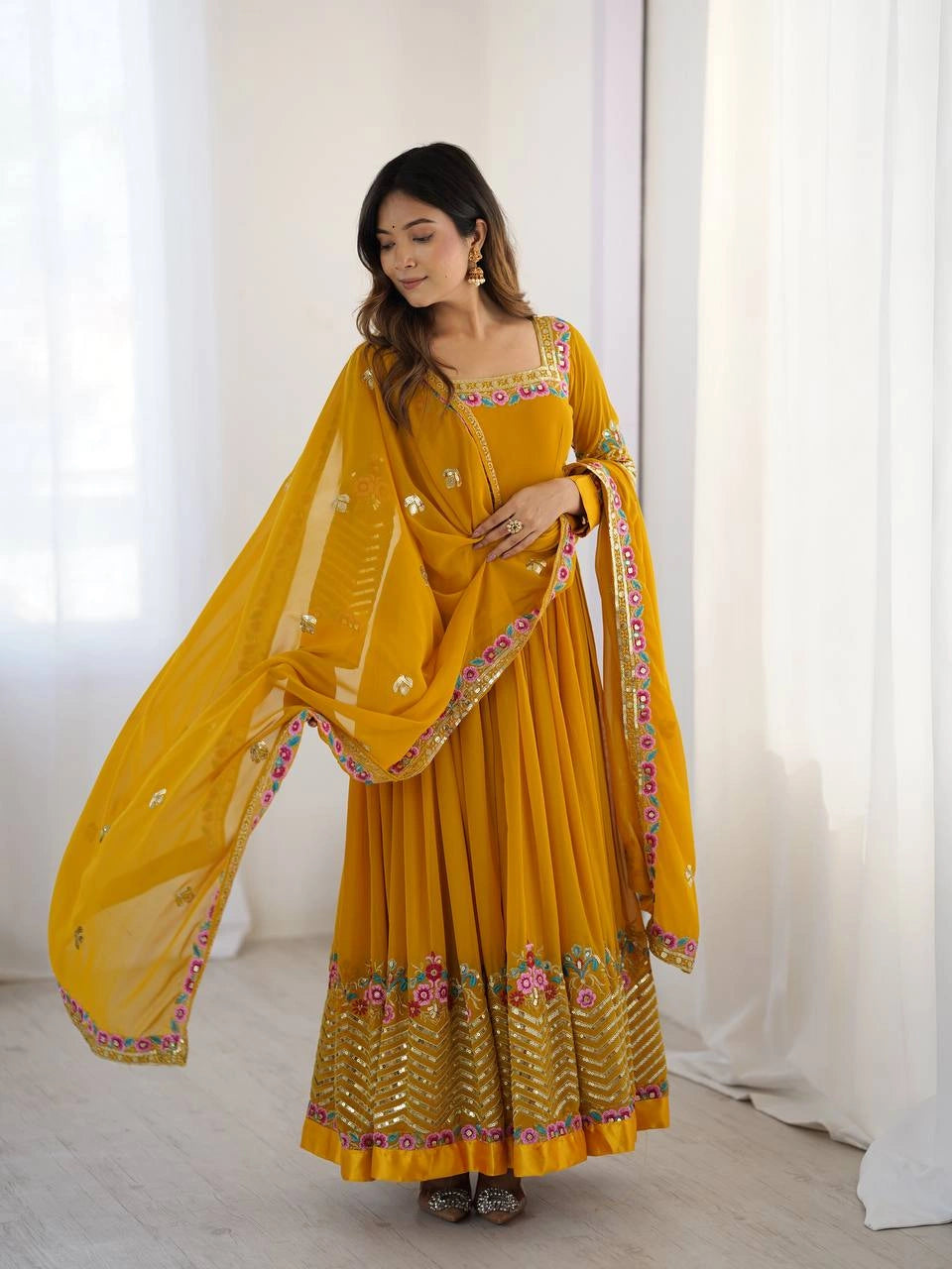 Yellow Sequins Embroidered Suit Anarkali model front view full length KU264