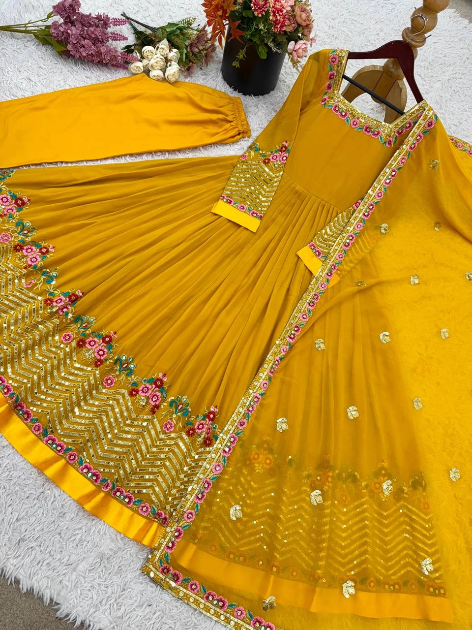 Yellow Anarkali Suit flatlay overhead gold hem display KU264