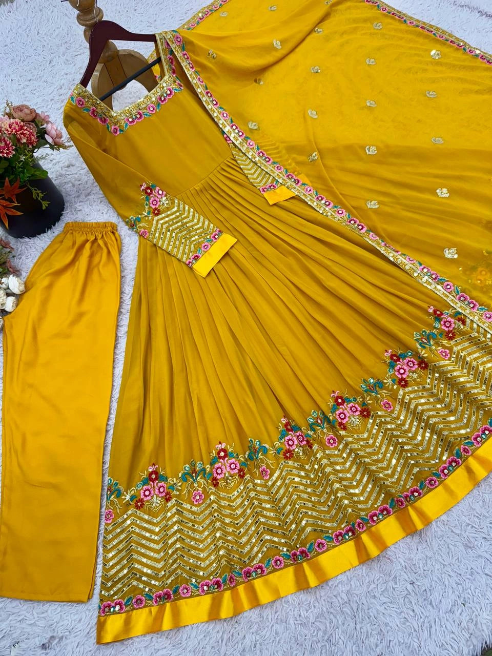 Yellow Sequins Suit flatlay wedding festive display KU264