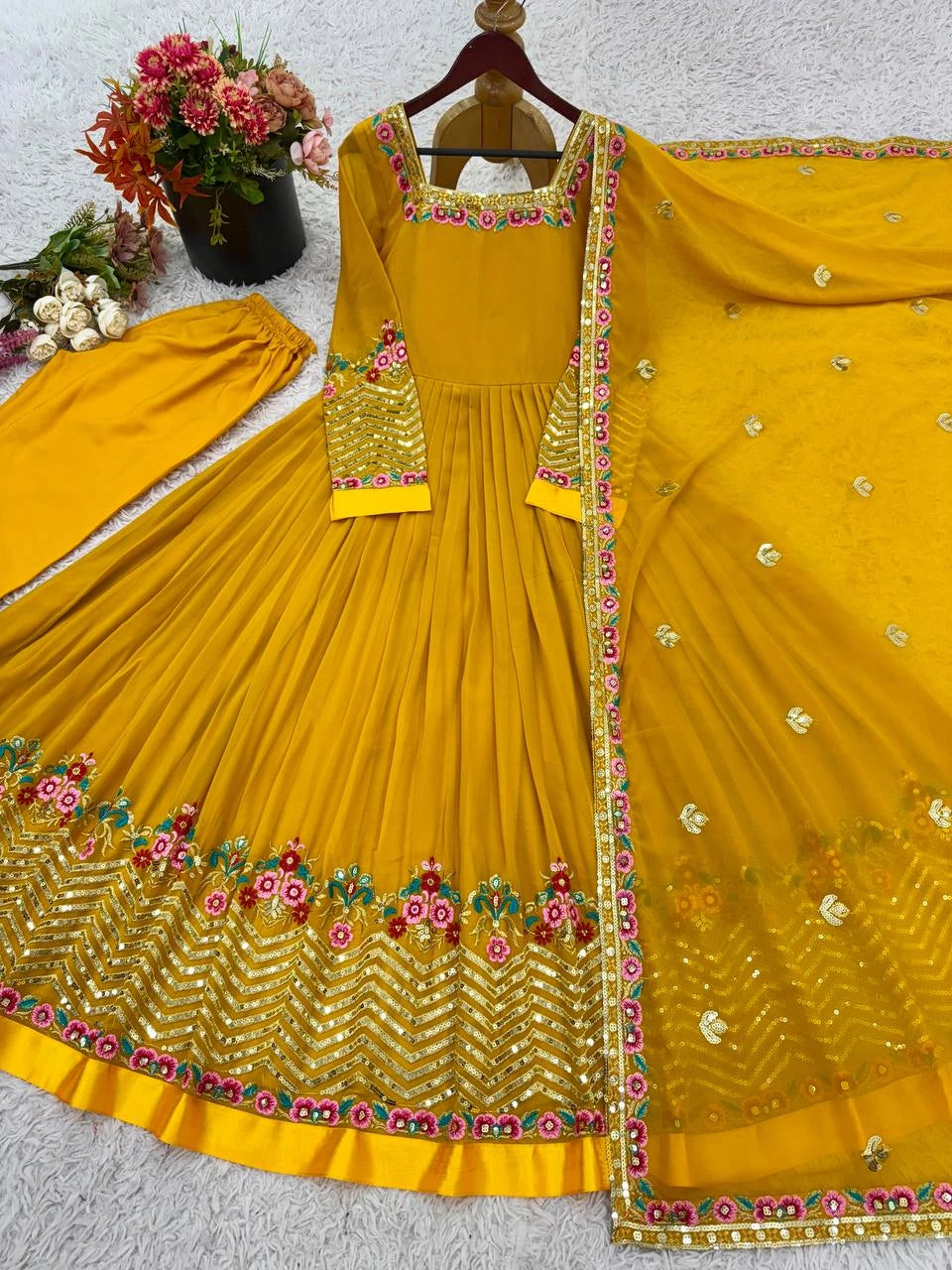 Yellow Anarkali Suit full set flatlay arranged display KU264