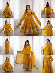 Yellow Sequins Embroidered Anarkali Suit panoramic flatlay KU264
