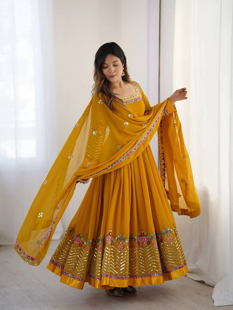 Yellow Anarkali Suit model different angle faux blooming fabric KU264