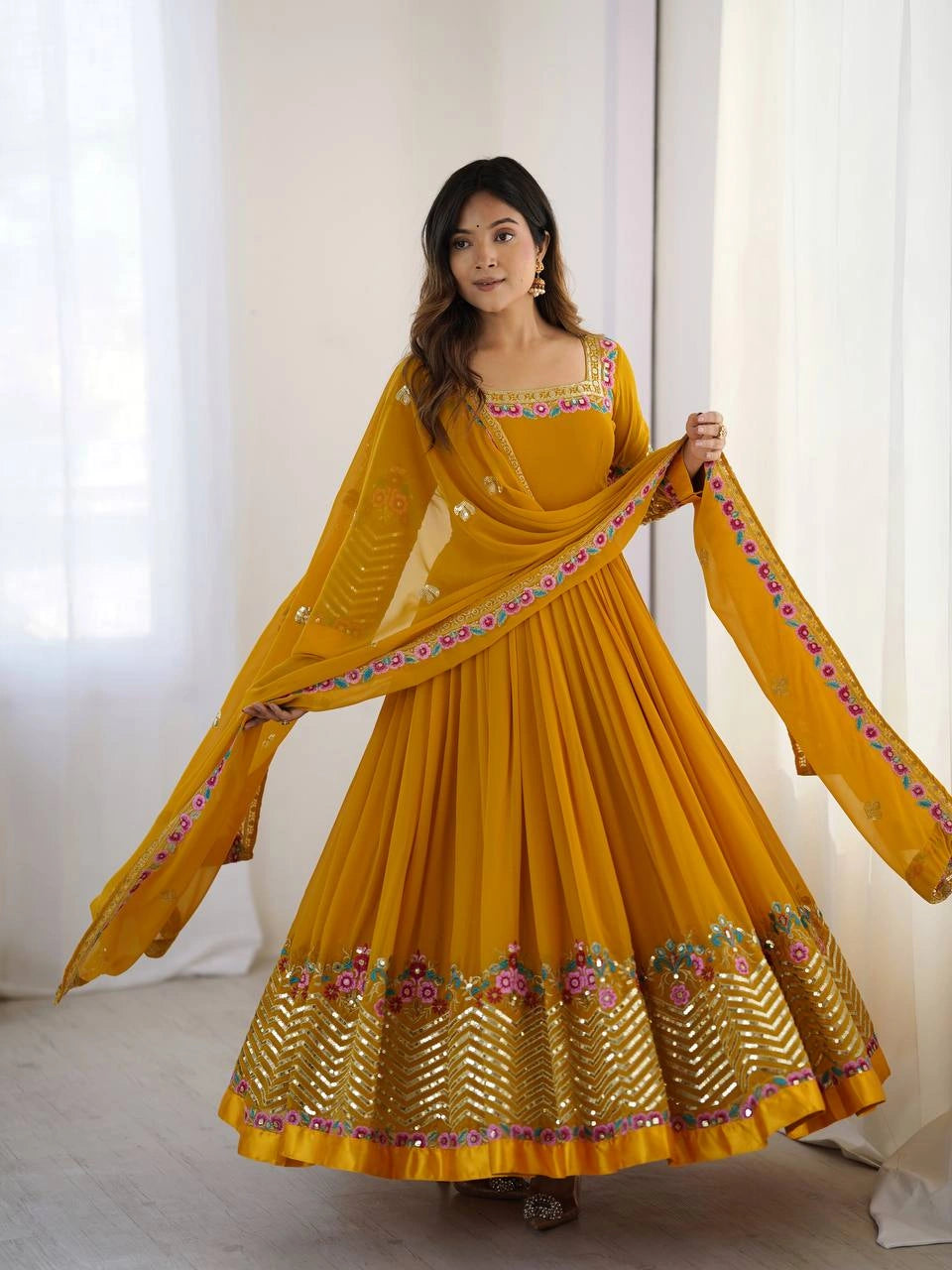 Yellow Sequins Suit model three quarter view with dupatta KU264