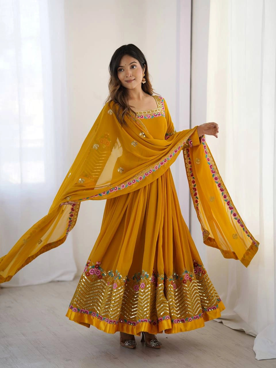 Yellow Anarkali Suit model festive occasion look KU264