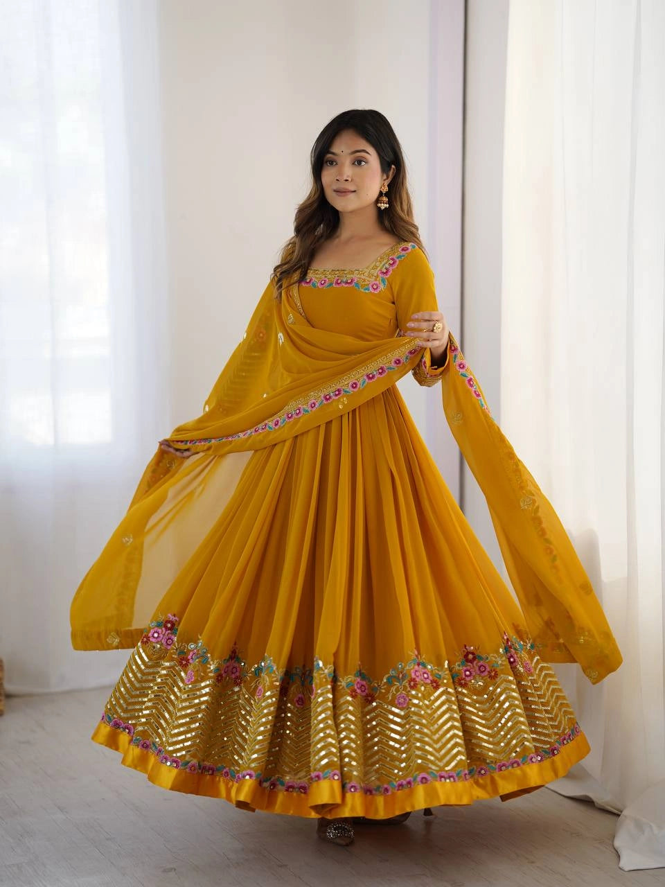 Yellow Sequins Embroidered Suit full length side view KU264