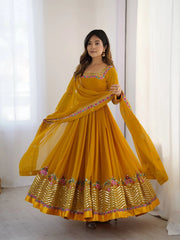 Yellow Sequins Embroidered Suit full length side view KU264