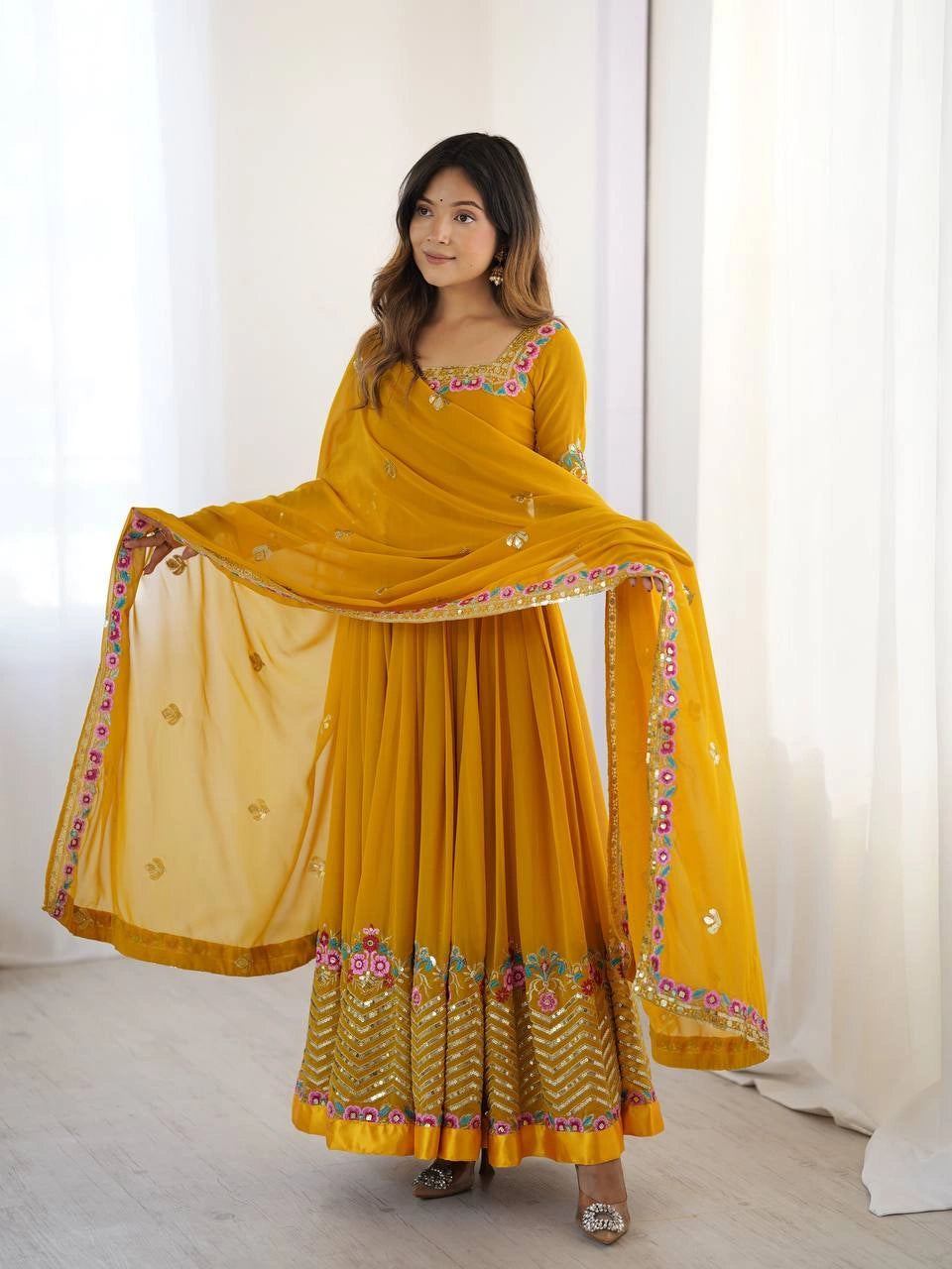 Yellow Suit moti embroidery gold sequins detail model KU264