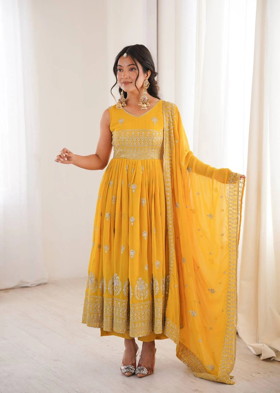 Yellow Sequins Embroidered Suit Faux Georgette Anarkali KU271 Kalyanja