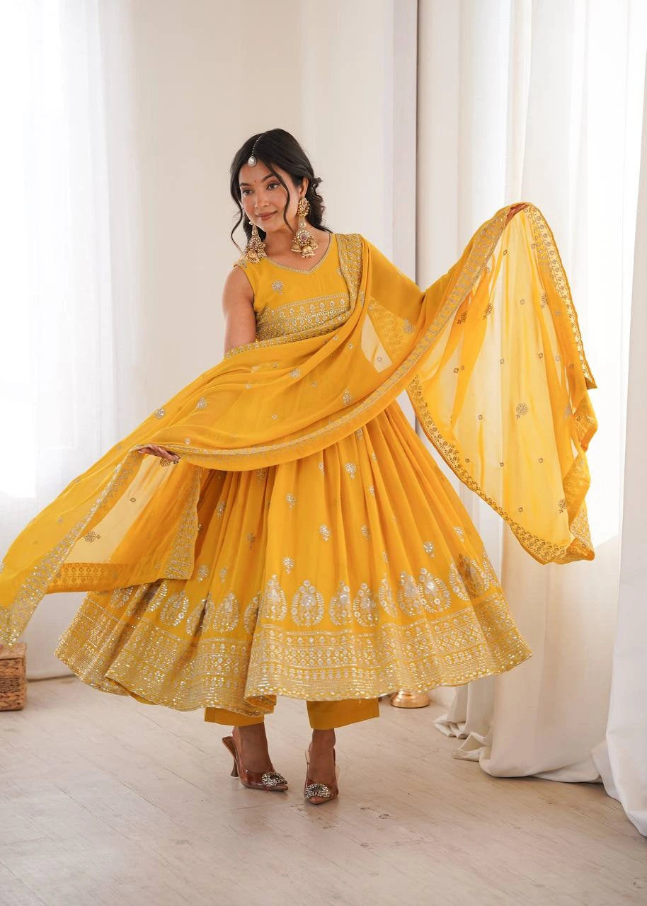 Yellow Sequins Embroidered Suit Full Length KU271 Kalyanja