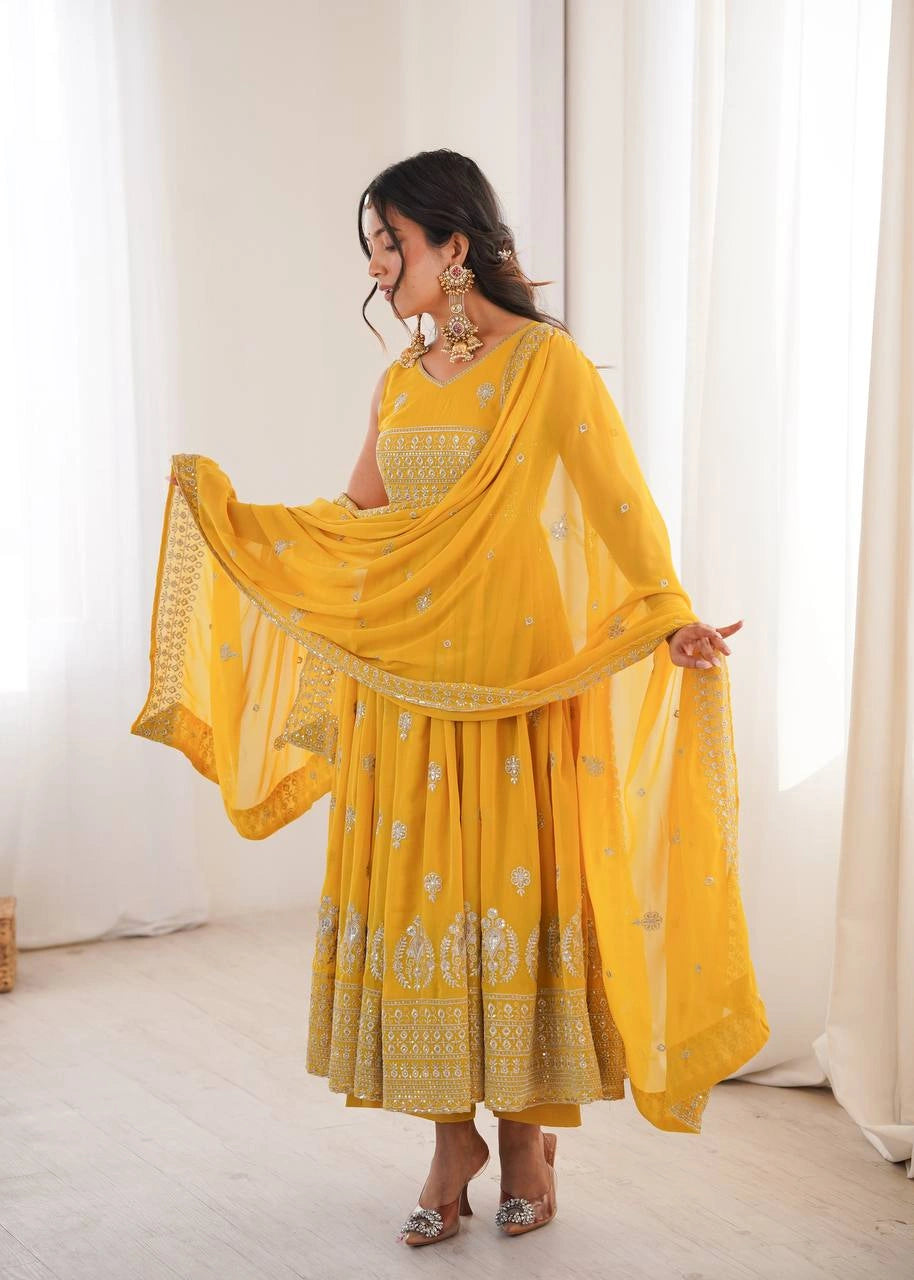 Yellow Sequins Embroidered Anarkali Suit Side View KU271 Kalyanja