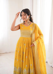 Yellow Sequins Suit Faux Georgette Embroidery Close Up KU271 Kalyanja