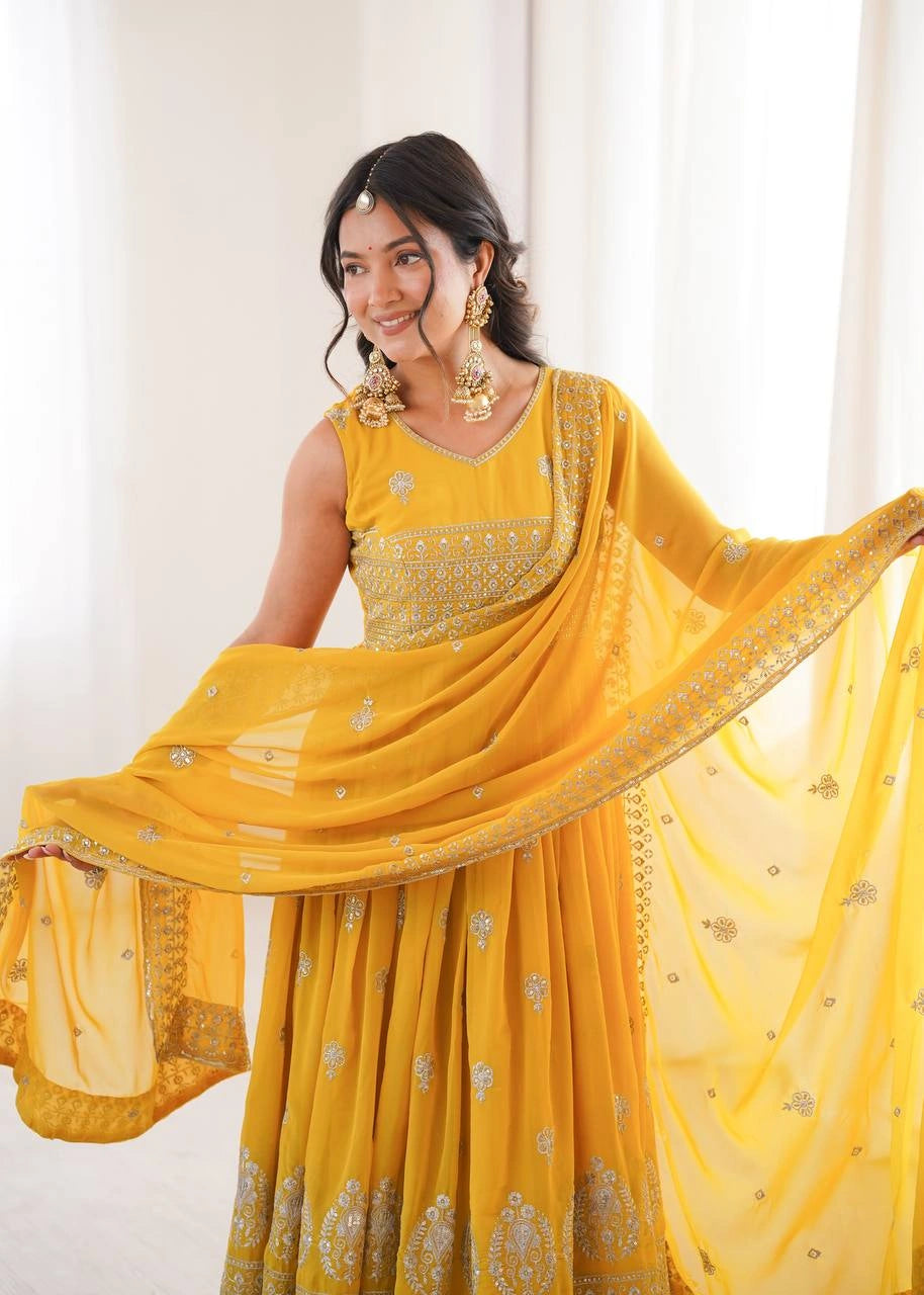 Yellow Sequins Embroidered Suit Anarkali Flare KU271 Kalyanja