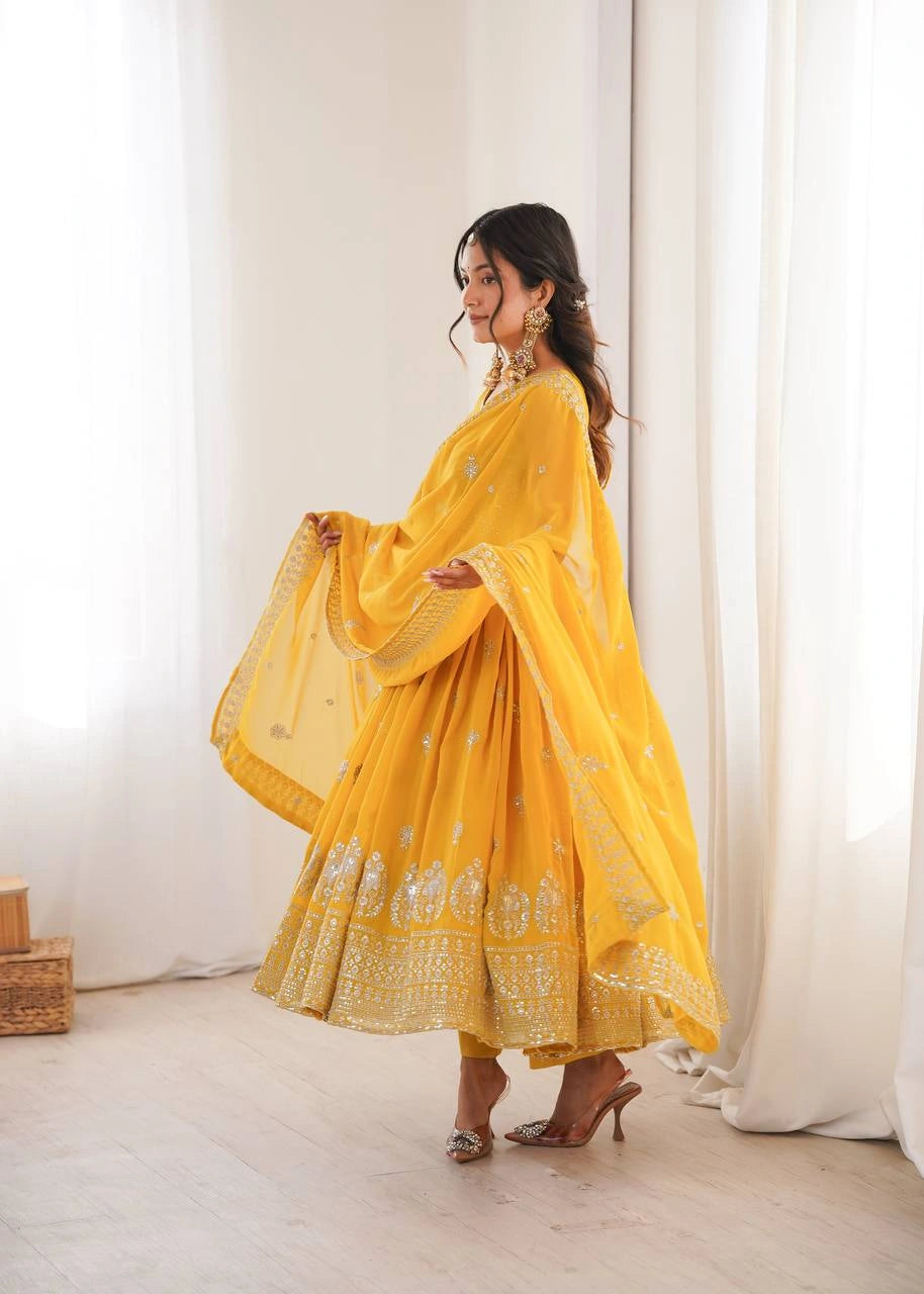 Yellow Sequins Suit V Neck Bodice Detail KU271 Kalyanja