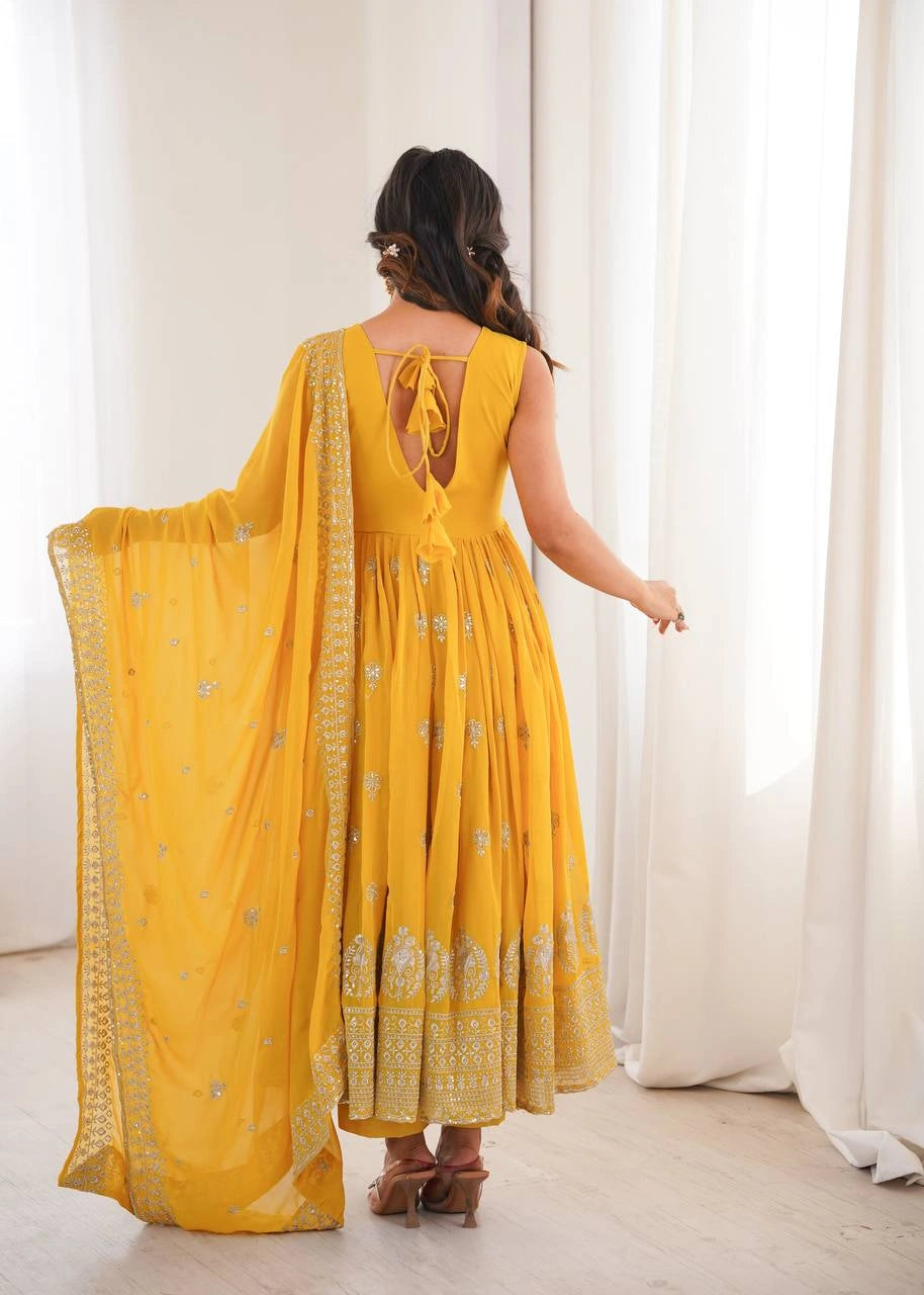 Yellow Sequins Embroidered Suit Back U Back Tie Up KU271 Kalyanja