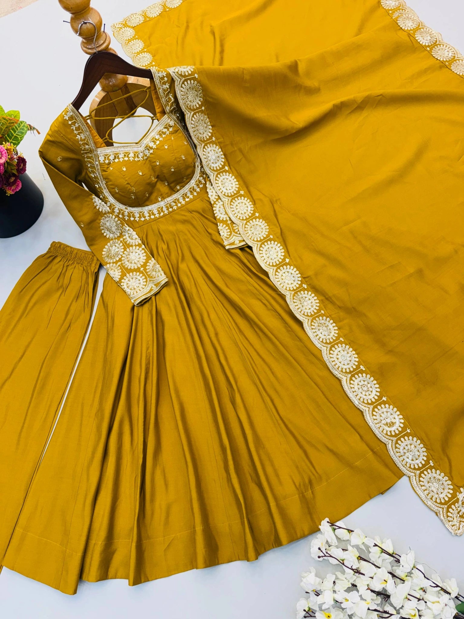 Yellow Anarkali Suit Deep Back Dori Tie-Up Feature Kalyanja KU274