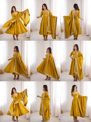 Yellow Sequins Embroidered Suit Model Side Pose Kalyanja KU274