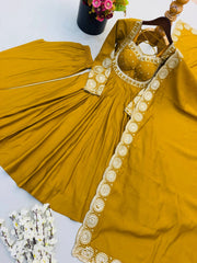 Yellow Anarkali Suit Flat Lay Full Set Hanger View Kalyanja KU274