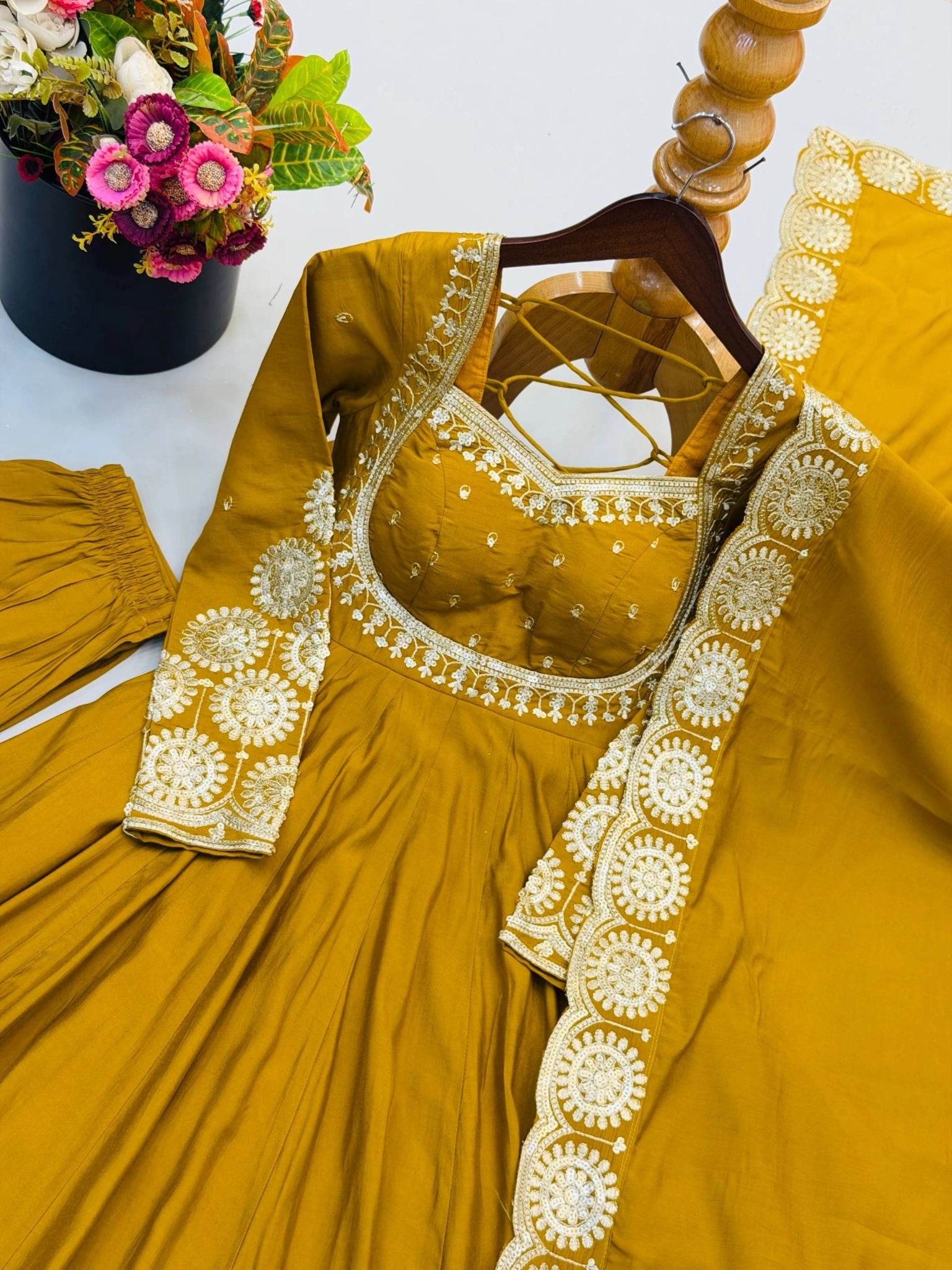 Yellow Sequins Embroidered Suit Flat Lay Neckline Close-Up Kalyanja KU274