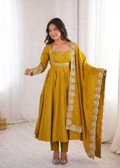 Yellow Sequins Embroidered Anarkali Suit Front View Kalyanja KU274