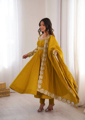 Yellow Anarkali Suit Roman Silk Blend Side View Flair Kalyanja KU274