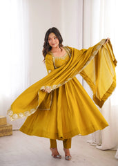 Yellow Sequins Embroidered Suit Model Pose Dupatta Kalyanja KU274