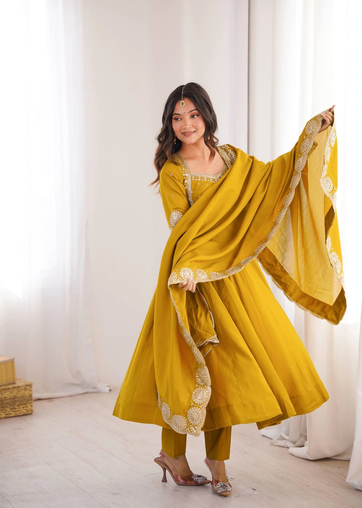 Yellow Sequins Embroidered Anarkali Party Wear Kalyanja KU274