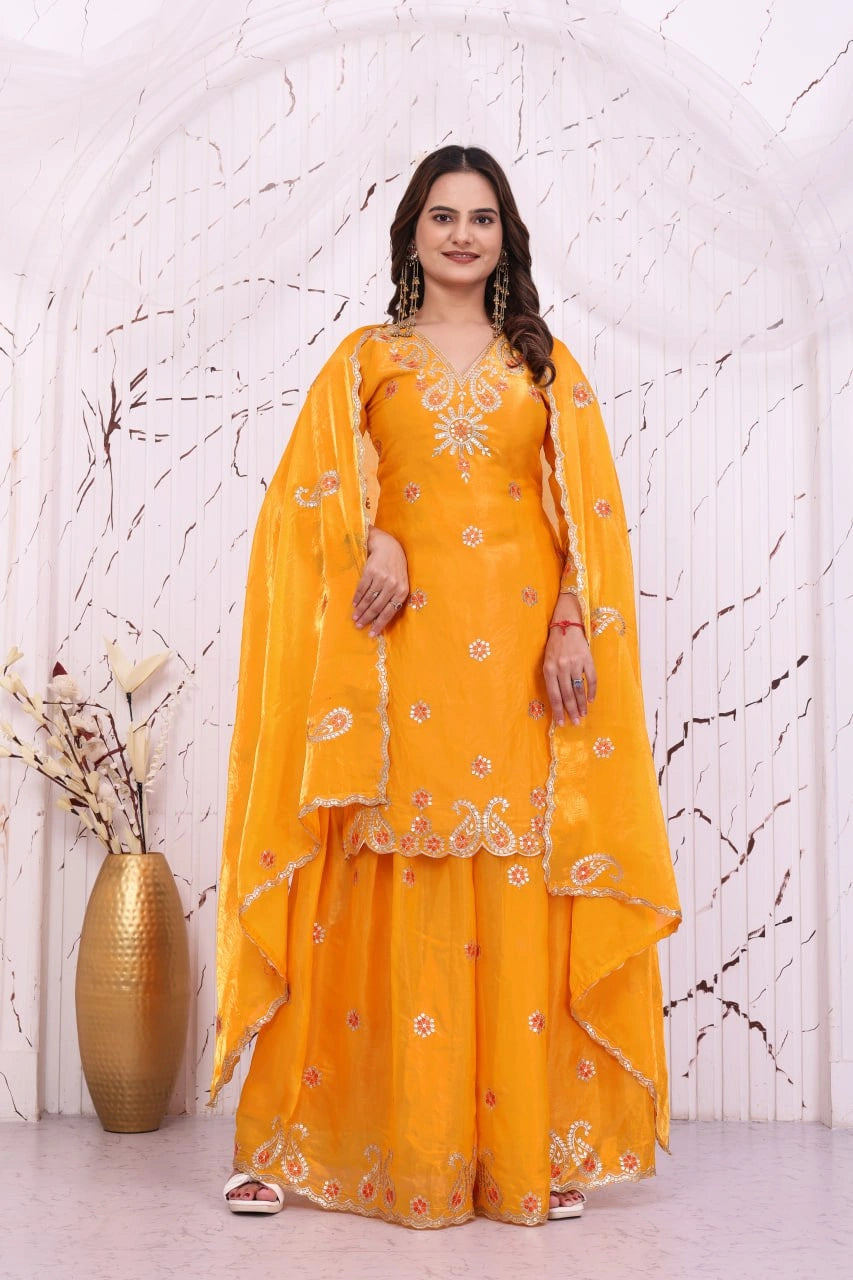 Yellow Sequins Embroidered Suit full length front pose with Sharara and dupatta – Kalyanja KU280