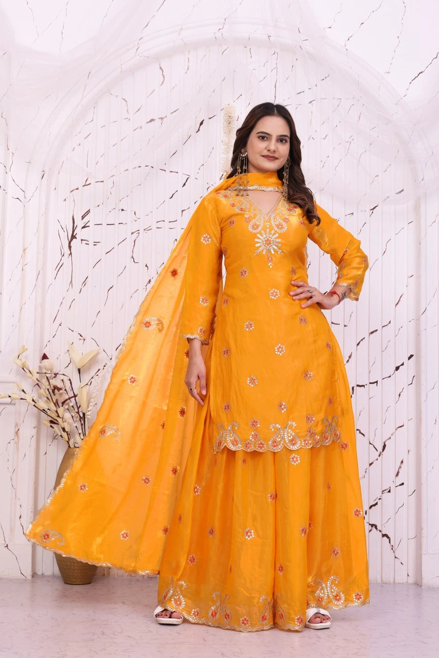 Yellow Fendy Silk Blend Sharara Suit full length dupatta swept out – Kalyanja KU280