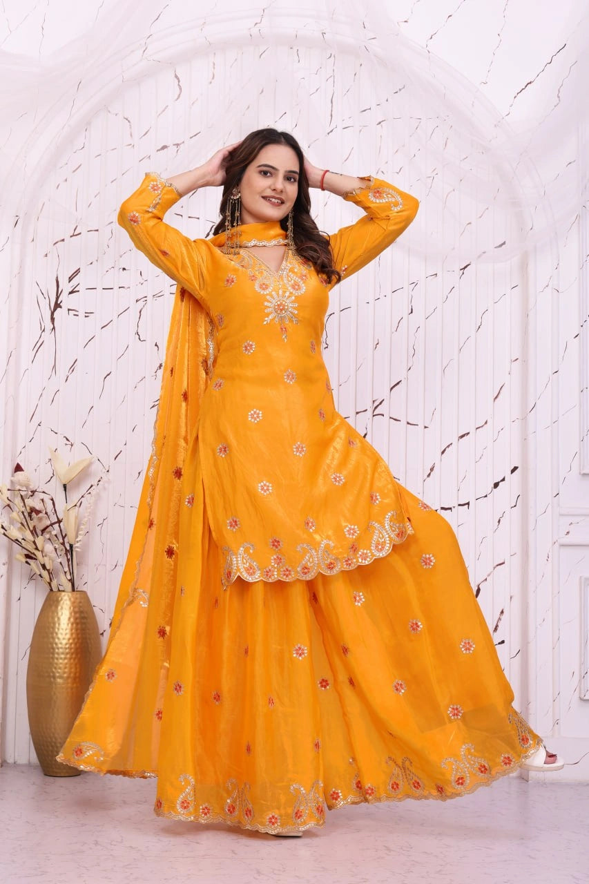 Yellow Sequins Embroidered Suit hands raised Sharara flare wide – Kalyanja KU280
