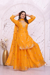 Yellow Sequins Embroidered Suit hands raised Sharara flare wide – Kalyanja KU280