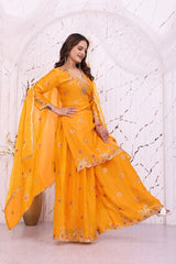 Yellow A-Line Sharara Suit dynamic pose dupatta spread – Kalyanja KU280