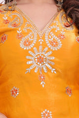 Yellow Sequins Embroidered V-Neck yoke sunburst and paisley embroidery close-up – Kalyanja KU280