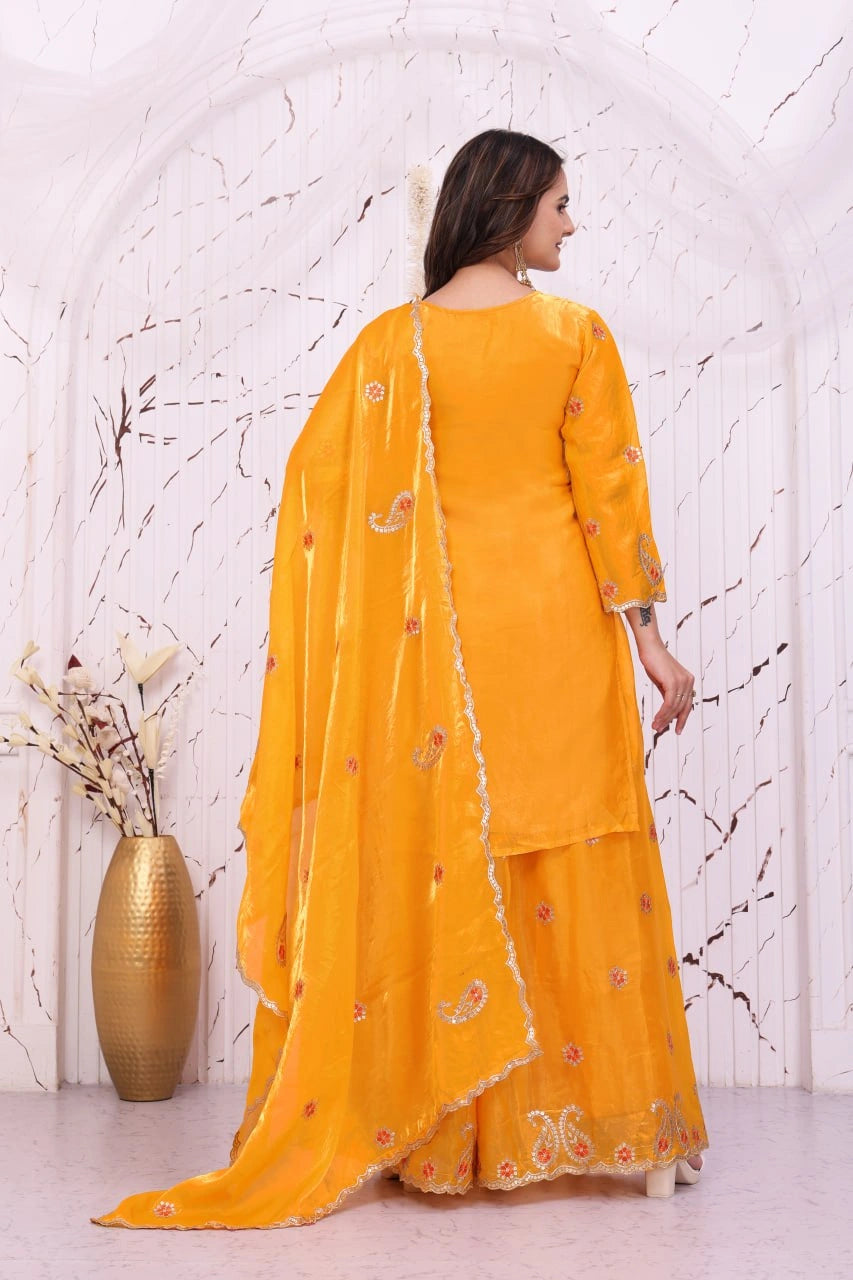Yellow Sequins Embroidered Suit back view with Sharara and dupatta – Kalyanja KU280