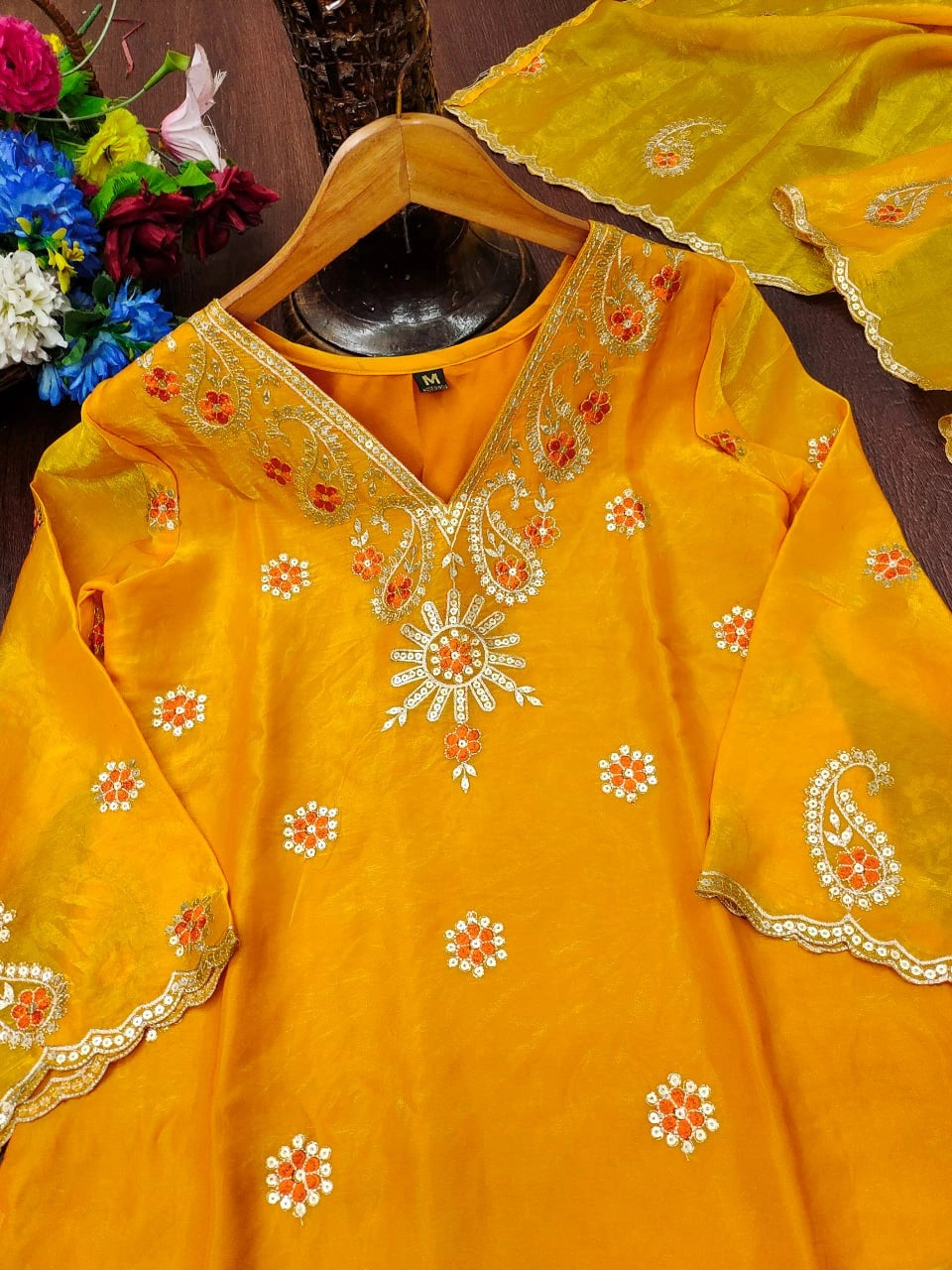Yellow Fendy Silk Blend Suit flat lay hanger V-Neck embroidery close-up – Kalyanja KU280
