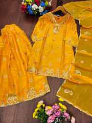 Yellow Sequins Embroidered Sharara Suit flat lay complete set with flowers – Kalyanja KU280