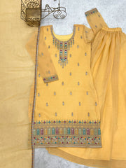 Yellow Sequins Embroidered Suit flat lay with sharara