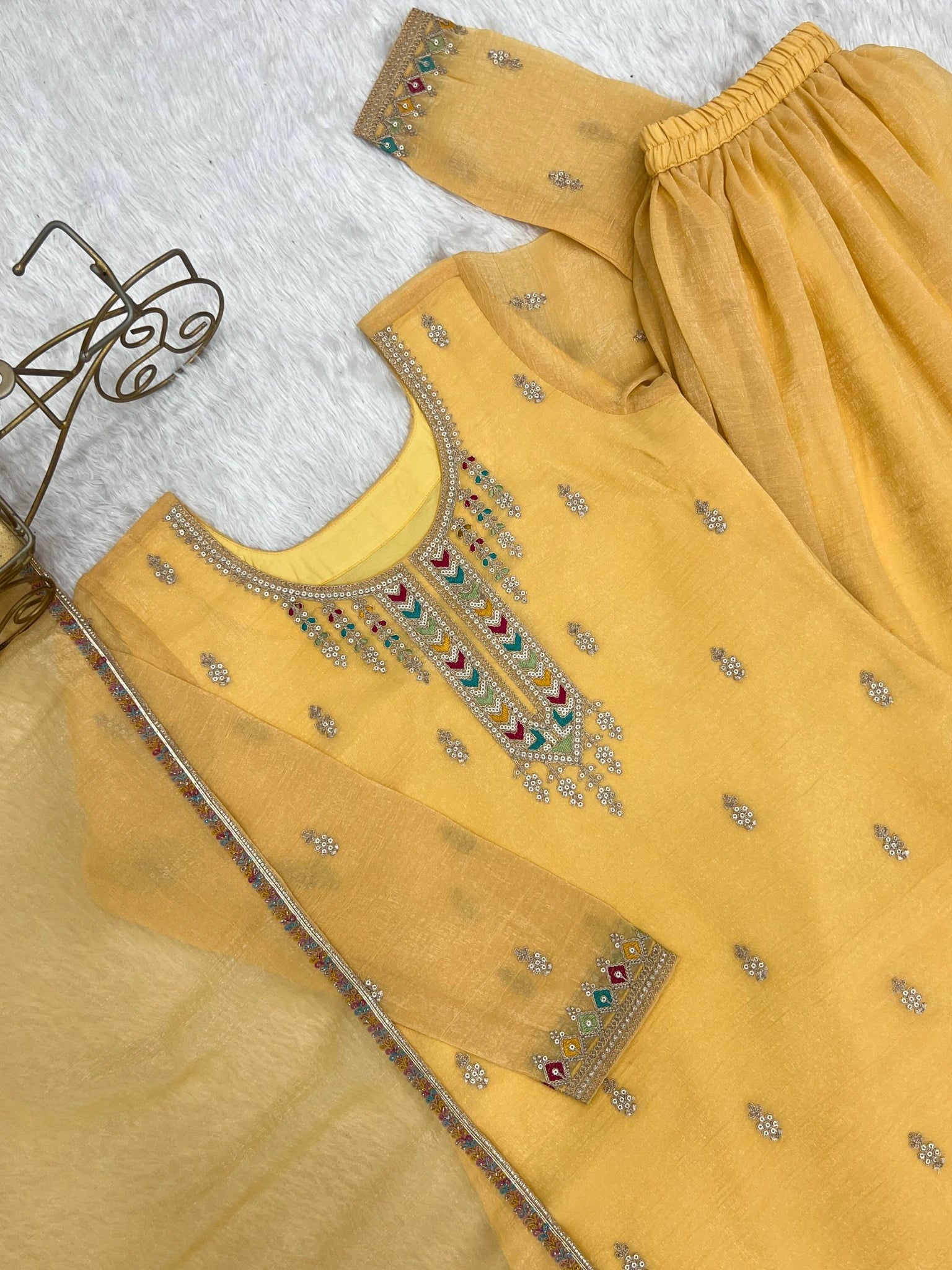 Yellow Sequins Embroidered Suit neckline and cuff detail