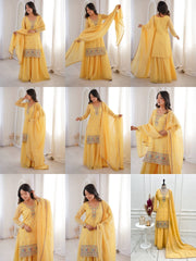 Yellow Sequins Embroidered with Thread & Zari Work Suit styling collage