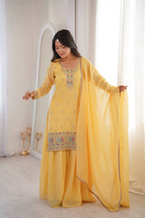 Yellow Sequins Embroidered with Thread & Zari Work Suit full length look