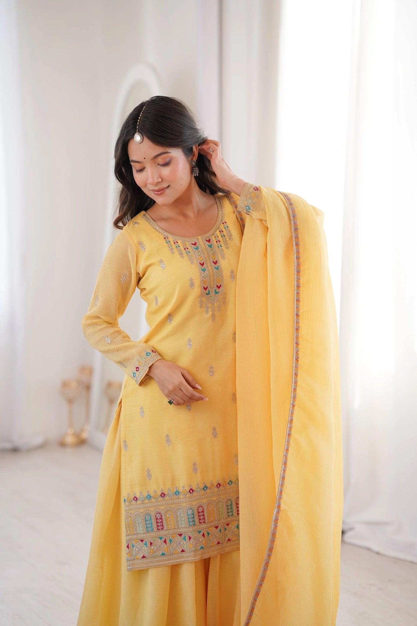 Yellow Sequins Embroidered Suit styled with dupatta