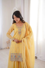 Yellow Sequins Embroidered Suit round neck yoke work