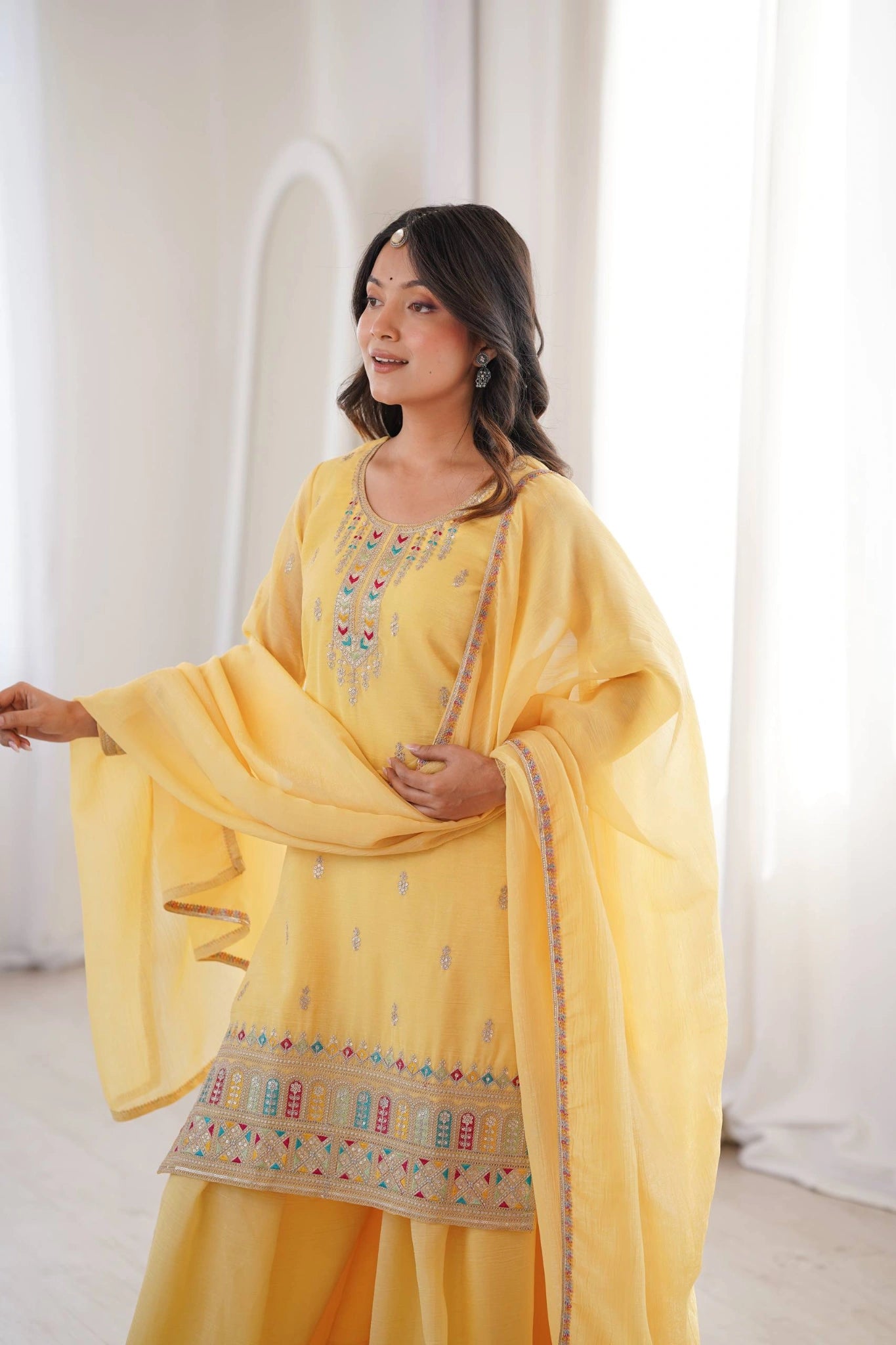 Yellow Sequins Embroidered Suit dupatta drape