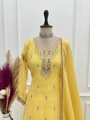 Yellow Sequins Embroidered Suit neckline close-up on mannequin