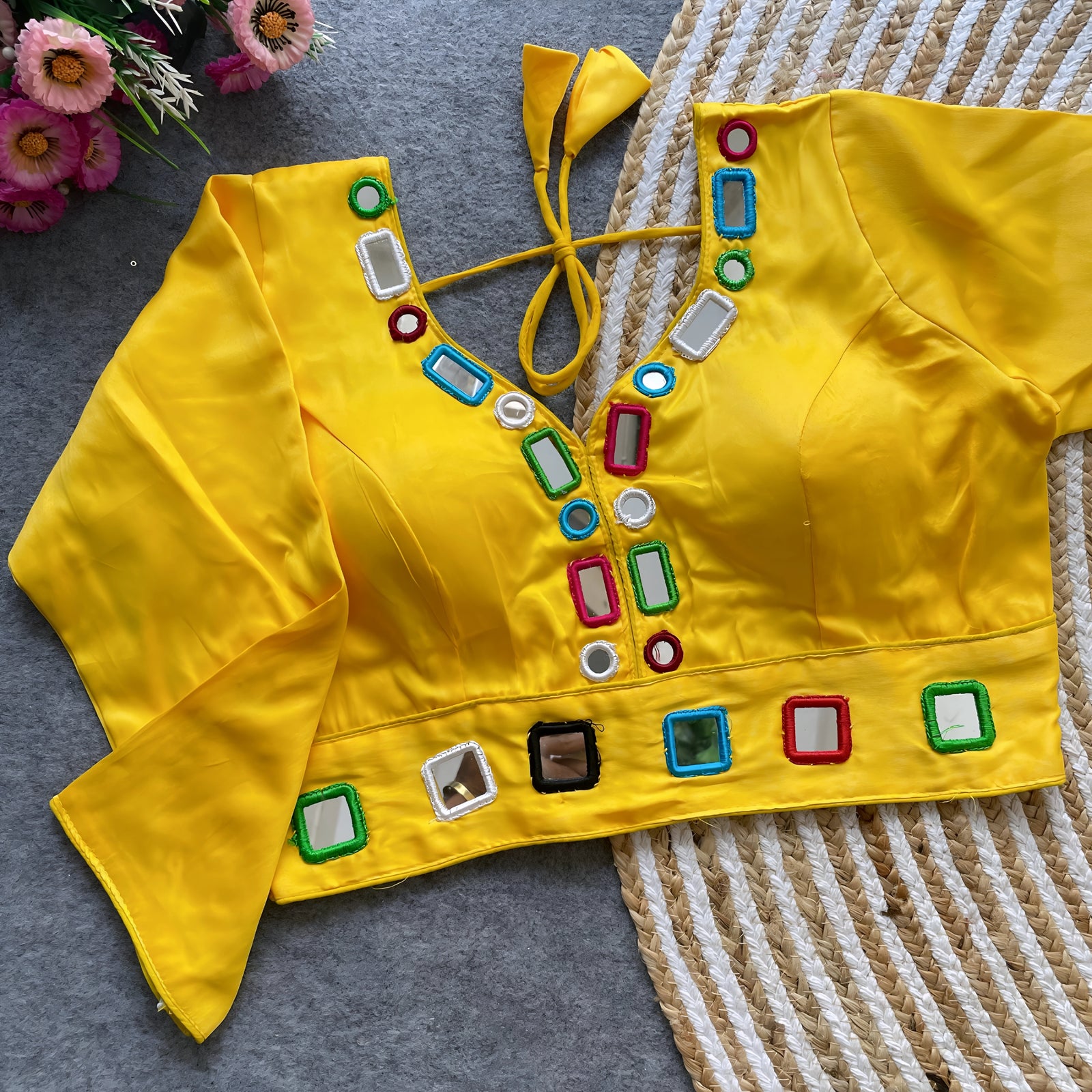 Yellow Mirror Work V-Neck Silk Blouse