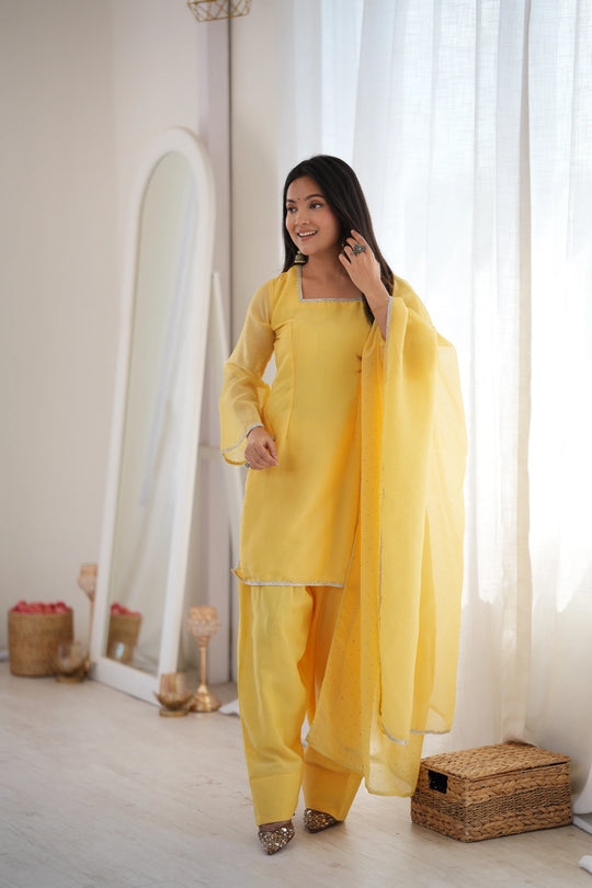 Yellow Swarovski diamond work suit with farshi shalwar and dupatta - full length front view