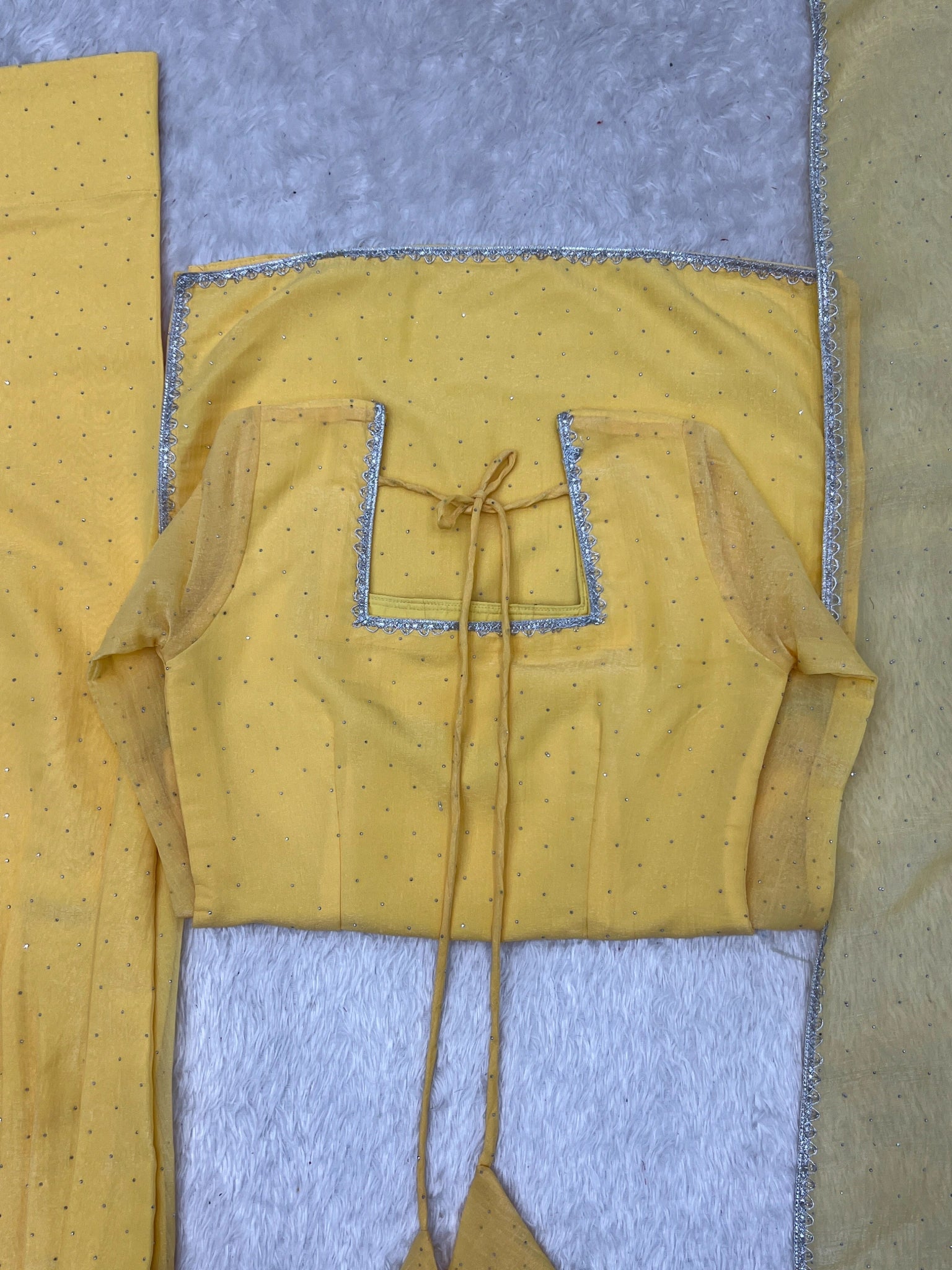 Yellow suit flat lay - back neck and shalwar